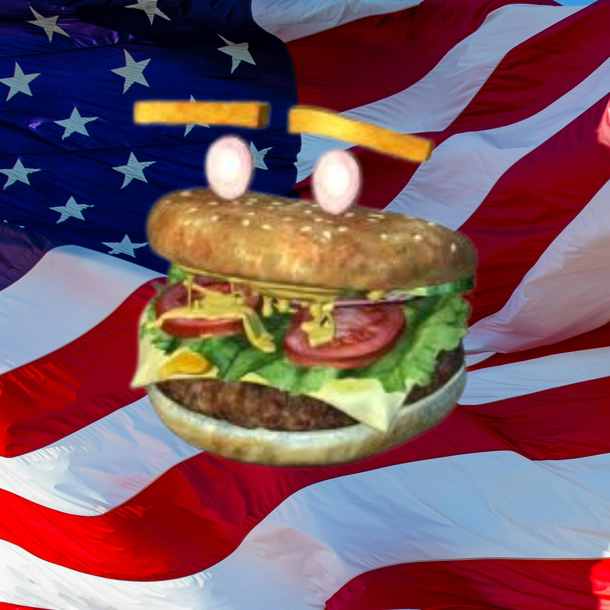 Lord Burgor, a hamburger character wearing a patriotic gold halo, floating over an American flag